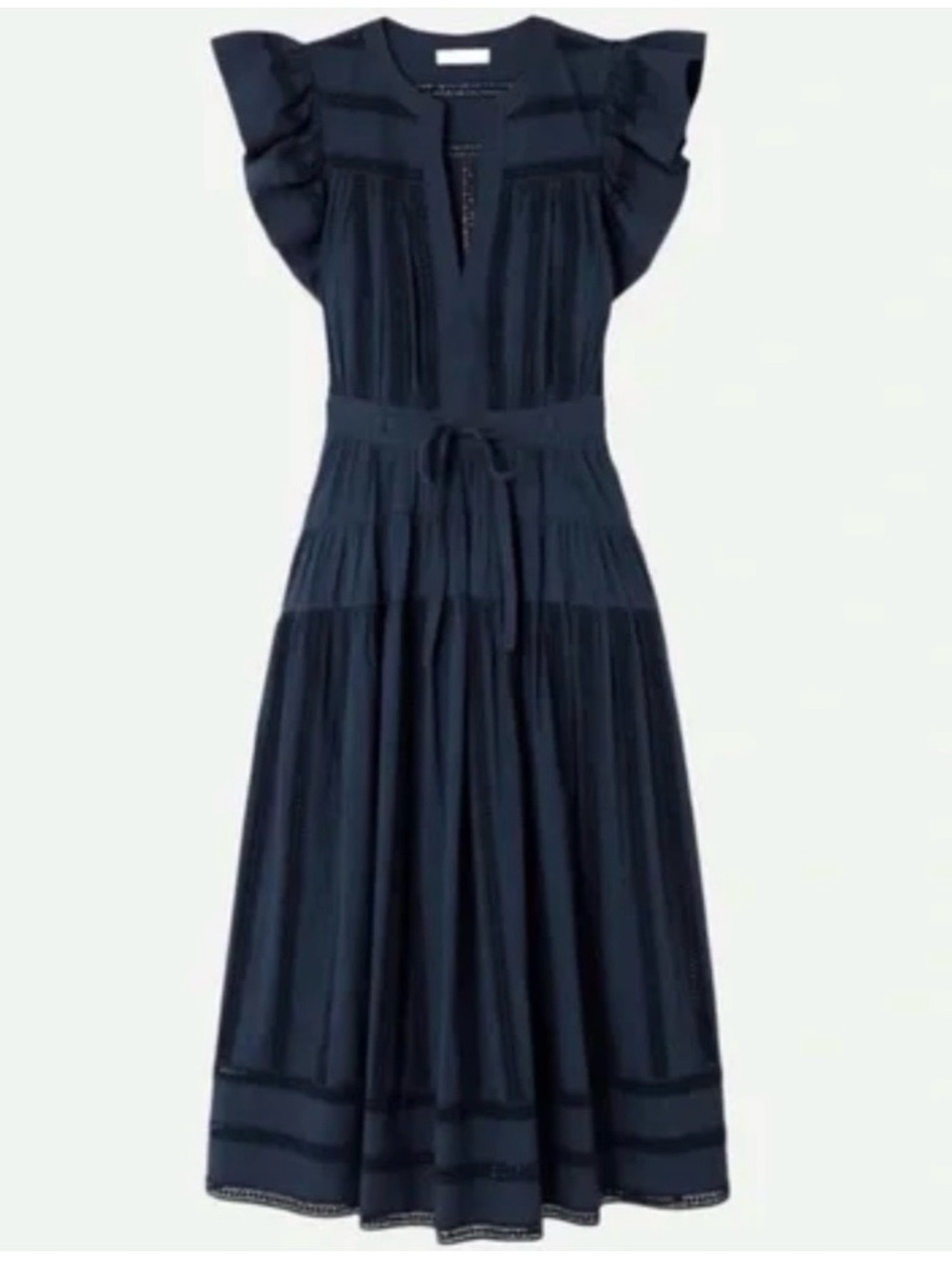 Ulla Johnson Emery Navy Flutter-Sleeve Midi Dress with Waist Tie Size 2 NWT